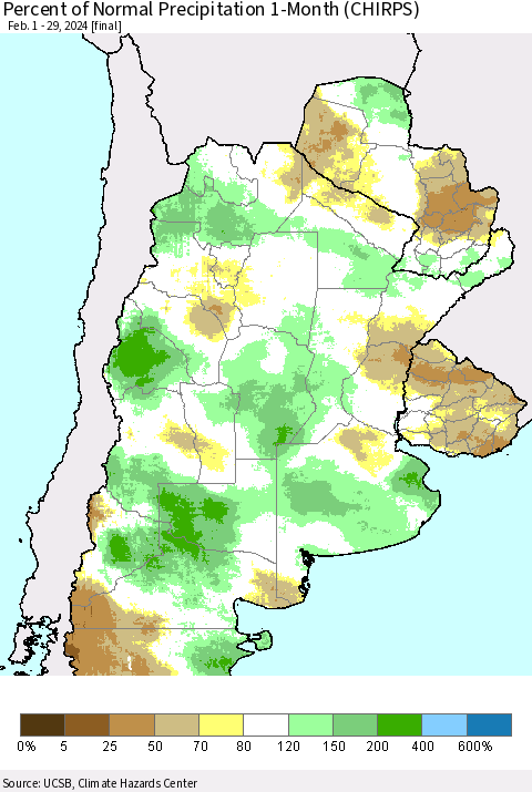 Southern South America Percent of Normal Precipitation 1-Month (CHIRPS) Thematic Map For 2/1/2024 - 2/29/2024