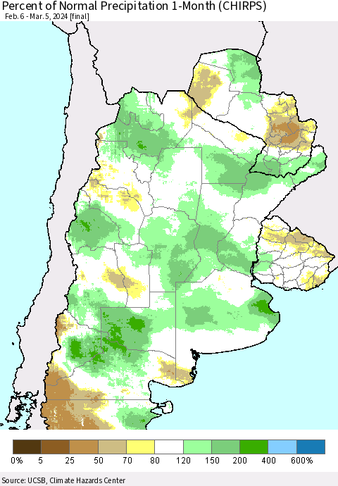 Southern South America Percent of Normal Precipitation 1-Month (CHIRPS) Thematic Map For 2/6/2024 - 3/5/2024