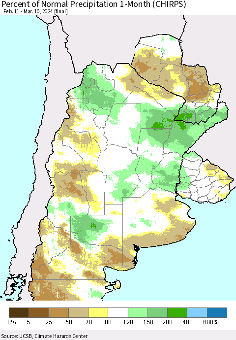 Southern South America Percent of Normal Precipitation 1-Month (CHIRPS) Thematic Map For 2/11/2024 - 3/10/2024