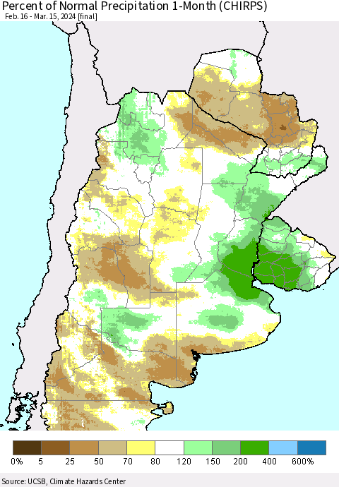 Southern South America Percent of Normal Precipitation 1-Month (CHIRPS) Thematic Map For 2/16/2024 - 3/15/2024