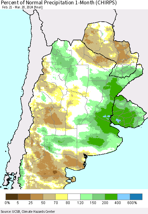 Southern South America Percent of Normal Precipitation 1-Month (CHIRPS) Thematic Map For 2/21/2024 - 3/20/2024