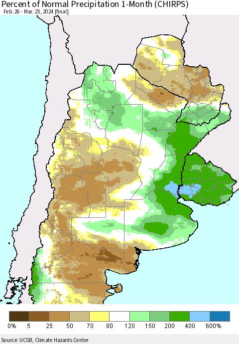 Southern South America Percent of Normal Precipitation 1-Month (CHIRPS) Thematic Map For 2/26/2024 - 3/25/2024