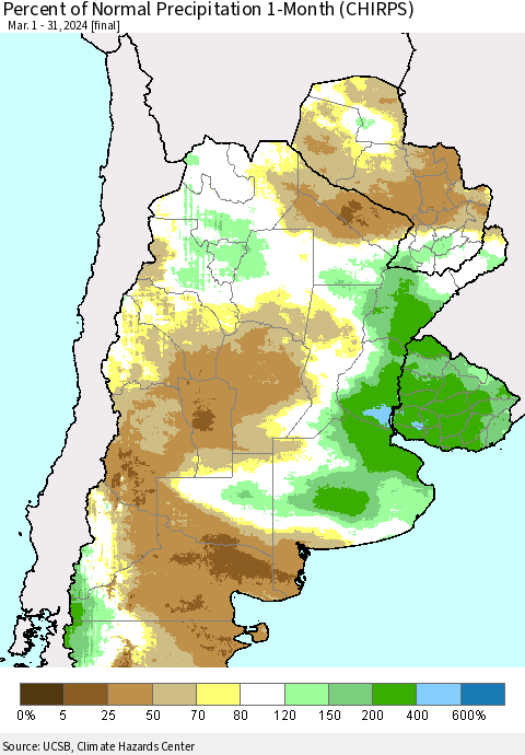 Southern South America Percent of Normal Precipitation 1-Month (CHIRPS) Thematic Map For 3/1/2024 - 3/31/2024