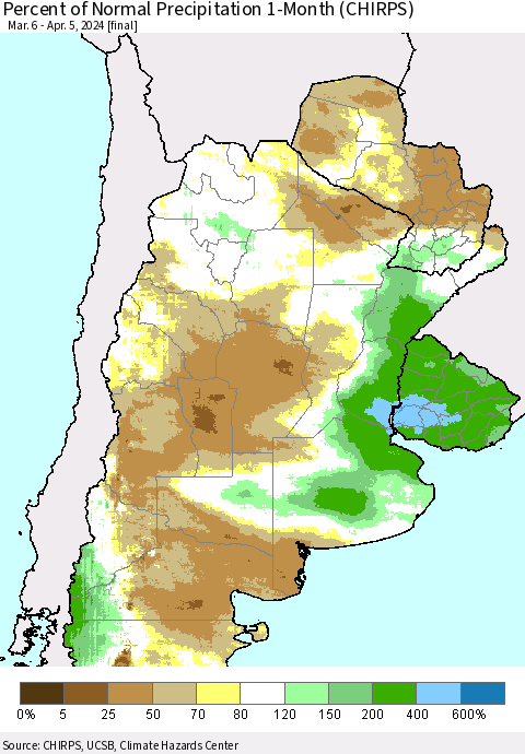 Southern South America Percent of Normal Precipitation 1-Month (CHIRPS) Thematic Map For 3/6/2024 - 4/5/2024