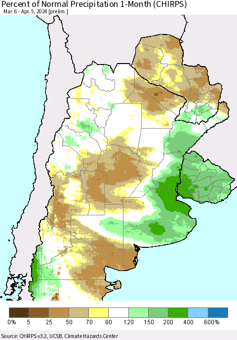 Southern South America Percent of Normal Precipitation 1-Month (CHIRPS) Thematic Map For 3/6/2024 - 4/5/2024