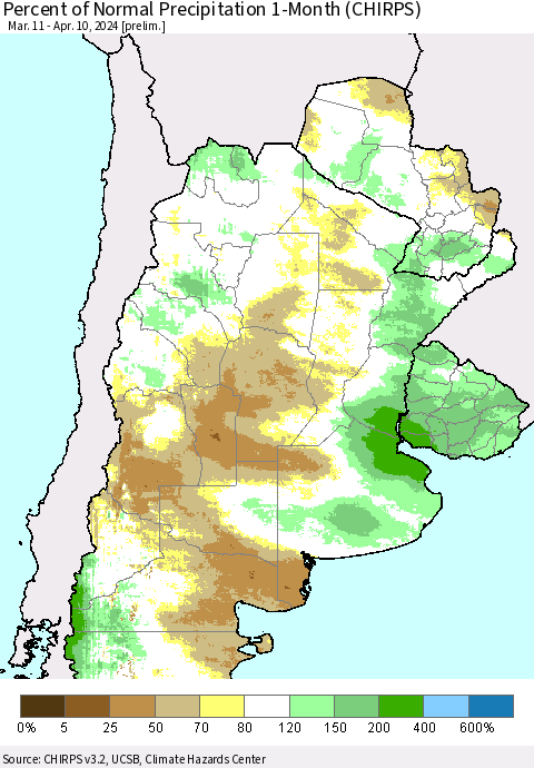 Southern South America Percent of Normal Precipitation 1-Month (CHIRPS) Thematic Map For 3/11/2024 - 4/10/2024