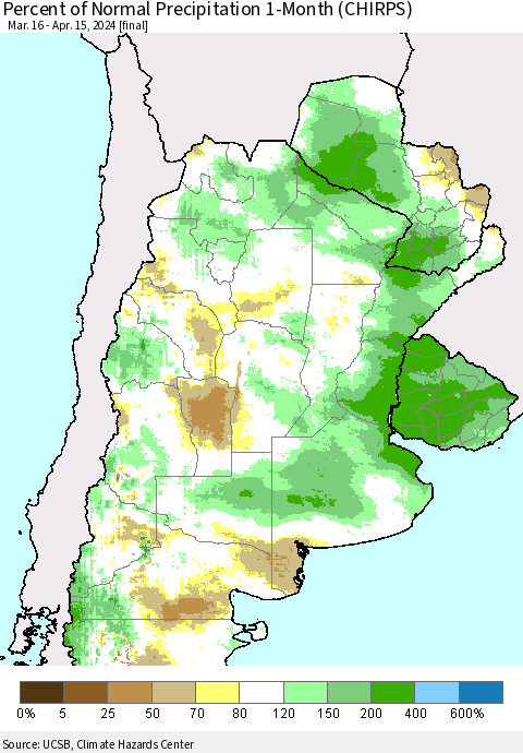 Southern South America Percent of Normal Precipitation 1-Month (CHIRPS) Thematic Map For 3/16/2024 - 4/15/2024