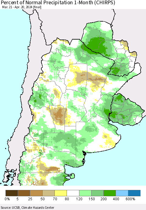 Southern South America Percent of Normal Precipitation 1-Month (CHIRPS) Thematic Map For 3/21/2024 - 4/20/2024