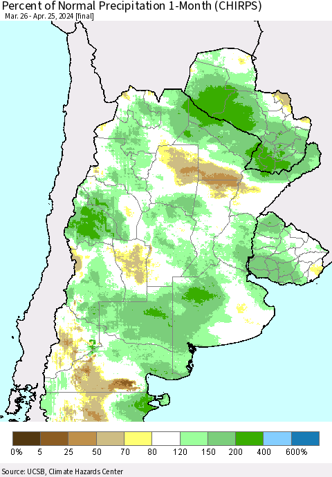 Southern South America Percent of Normal Precipitation 1-Month (CHIRPS) Thematic Map For 3/26/2024 - 4/25/2024