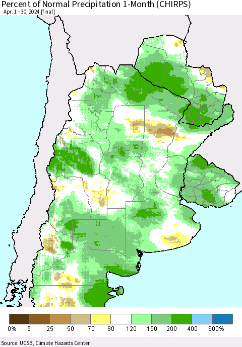 Southern South America Percent of Normal Precipitation 1-Month (CHIRPS) Thematic Map For 4/1/2024 - 4/30/2024