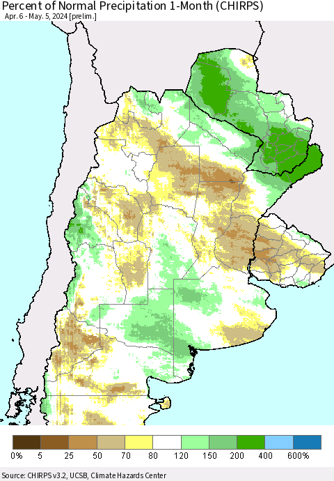 Southern South America Percent of Normal Precipitation 1-Month (CHIRPS) Thematic Map For 4/6/2024 - 5/5/2024
