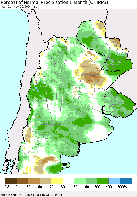 Southern South America Percent of Normal Precipitation 1-Month (CHIRPS) Thematic Map For 4/11/2024 - 5/10/2024