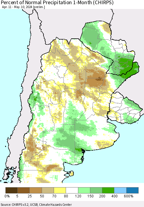 Southern South America Percent of Normal Precipitation 1-Month (CHIRPS) Thematic Map For 4/11/2024 - 5/10/2024