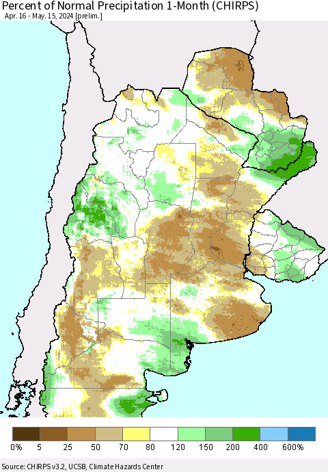 Southern South America Percent of Normal Precipitation 1-Month (CHIRPS) Thematic Map For 4/16/2024 - 5/15/2024