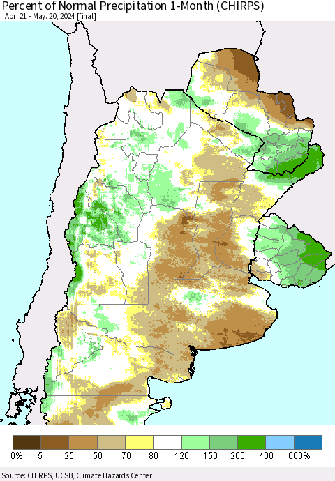Southern South America Percent of Normal Precipitation 1-Month (CHIRPS) Thematic Map For 4/21/2024 - 5/20/2024