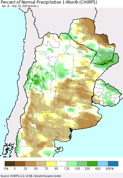 Southern South America Percent of Normal Precipitation 1-Month (CHIRPS) Thematic Map For 4/21/2024 - 5/20/2024