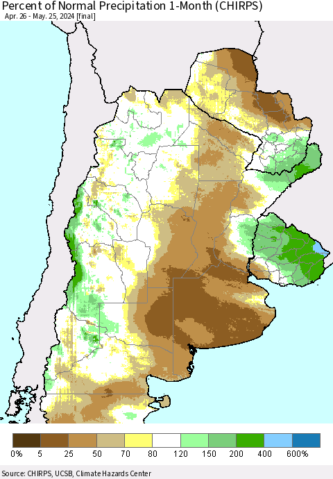Southern South America Percent of Normal Precipitation 1-Month (CHIRPS) Thematic Map For 4/26/2024 - 5/25/2024