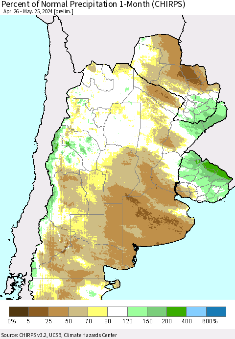 Southern South America Percent of Normal Precipitation 1-Month (CHIRPS) Thematic Map For 4/26/2024 - 5/25/2024