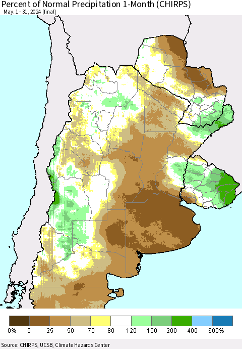 Southern South America Percent of Normal Precipitation 1-Month (CHIRPS) Thematic Map For 5/1/2024 - 5/31/2024