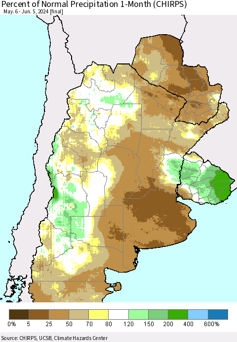 Southern South America Percent of Normal Precipitation 1-Month (CHIRPS) Thematic Map For 5/6/2024 - 6/5/2024