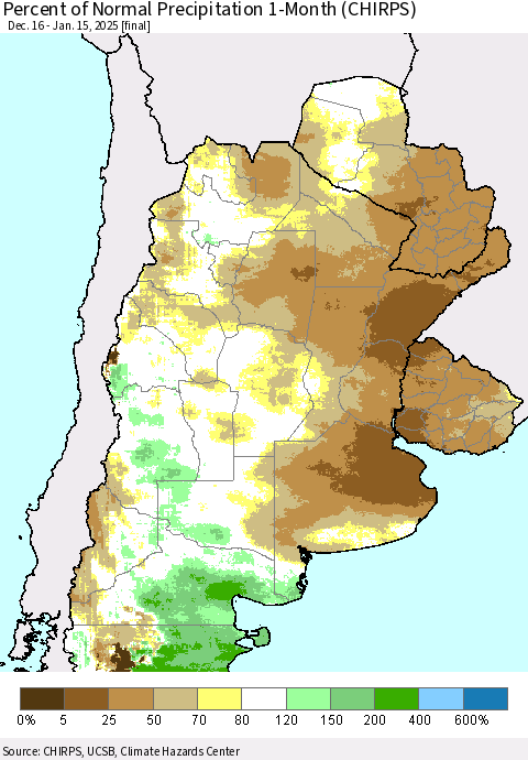 Southern South America Percent of Normal Precipitation 1-Month (CHIRPS) Thematic Map For 12/16/2024 - 1/15/2025