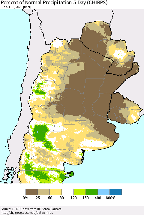 Southern South America Percent of Normal Precipitation 5-Day (CHIRPS) Thematic Map For 1/1/2020 - 1/5/2020