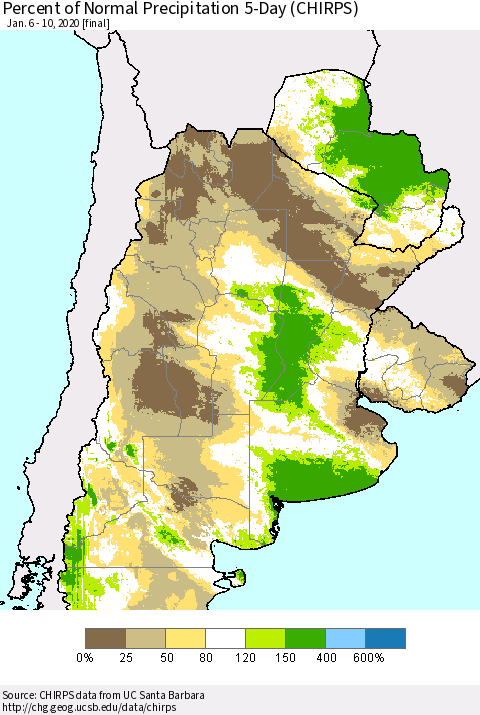 Southern South America Percent of Normal Precipitation 5-Day (CHIRPS) Thematic Map For 1/6/2020 - 1/10/2020