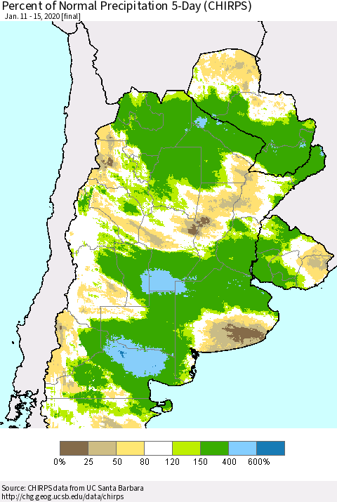 Southern South America Percent of Normal Precipitation 5-Day (CHIRPS) Thematic Map For 1/11/2020 - 1/15/2020