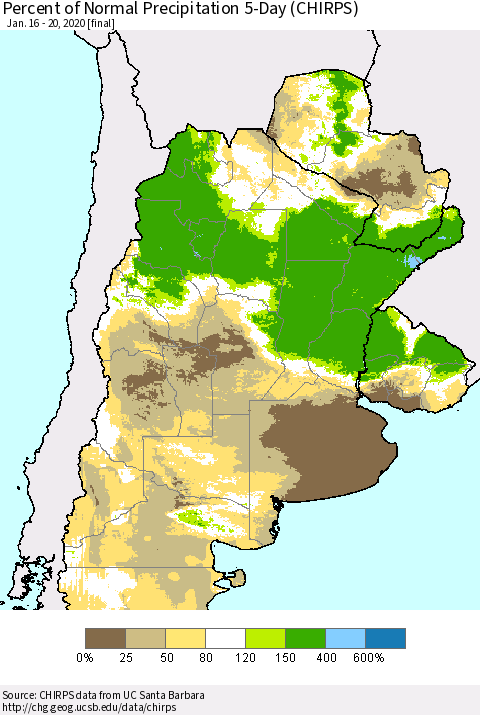 Southern South America Percent of Normal Precipitation 5-Day (CHIRPS) Thematic Map For 1/16/2020 - 1/20/2020