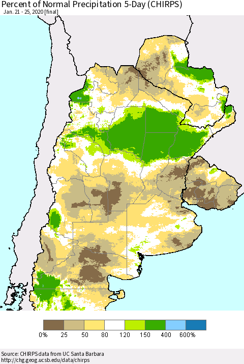 Southern South America Percent of Normal Precipitation 5-Day (CHIRPS) Thematic Map For 1/21/2020 - 1/25/2020