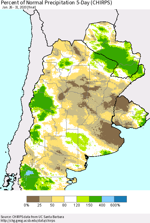Southern South America Percent of Normal Precipitation 5-Day (CHIRPS) Thematic Map For 1/26/2020 - 1/31/2020