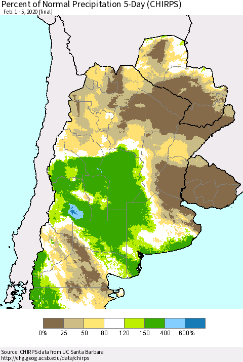 Southern South America Percent of Normal Precipitation 5-Day (CHIRPS) Thematic Map For 2/1/2020 - 2/5/2020