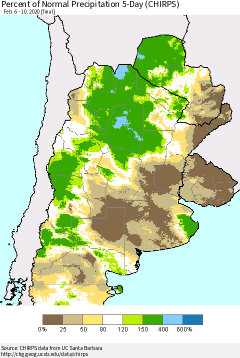 Southern South America Percent of Normal Precipitation 5-Day (CHIRPS) Thematic Map For 2/6/2020 - 2/10/2020