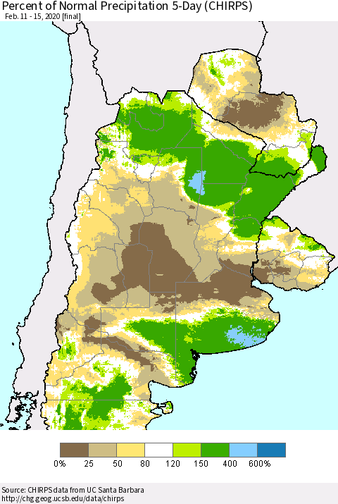 Southern South America Percent of Normal Precipitation 5-Day (CHIRPS) Thematic Map For 2/11/2020 - 2/15/2020