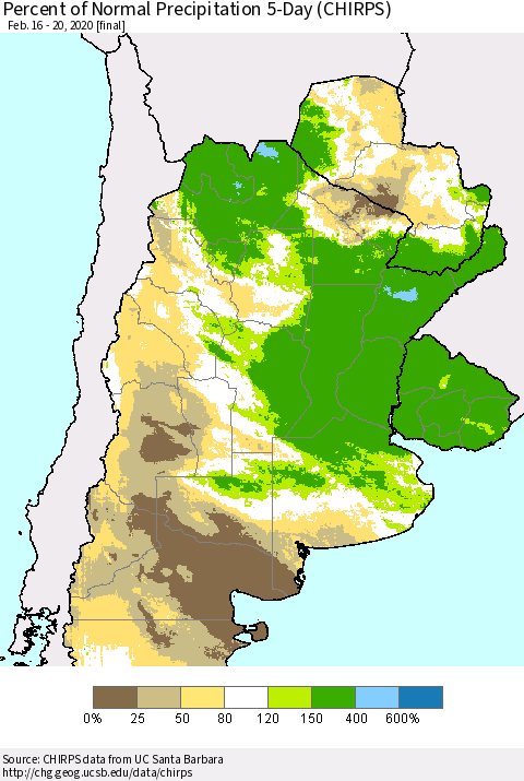 Southern South America Percent of Normal Precipitation 5-Day (CHIRPS) Thematic Map For 2/16/2020 - 2/20/2020