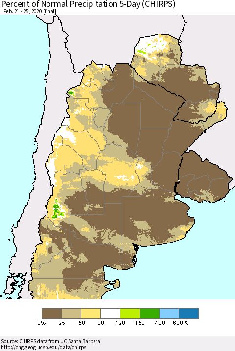 Southern South America Percent of Normal Precipitation 5-Day (CHIRPS) Thematic Map For 2/21/2020 - 2/25/2020