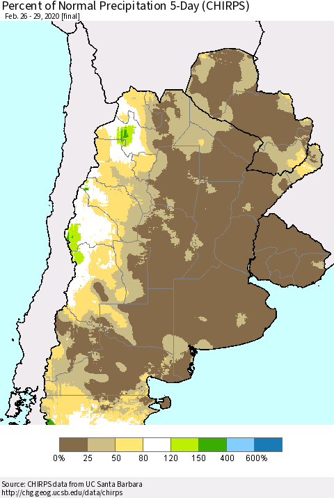 Southern South America Percent of Normal Precipitation 5-Day (CHIRPS) Thematic Map For 2/26/2020 - 2/29/2020