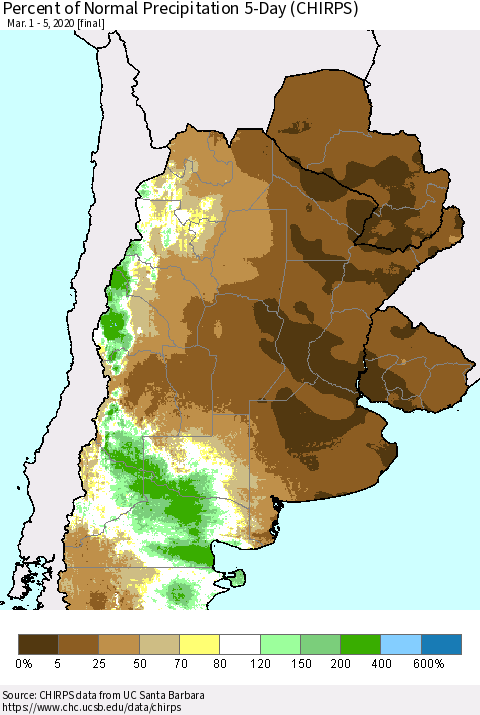 Southern South America Percent of Normal Precipitation 5-Day (CHIRPS) Thematic Map For 3/1/2020 - 3/5/2020