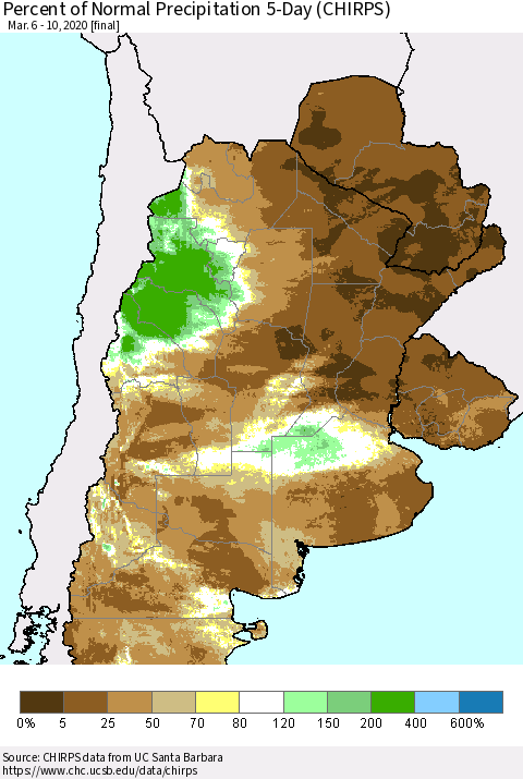 Southern South America Percent of Normal Precipitation 5-Day (CHIRPS) Thematic Map For 3/6/2020 - 3/10/2020