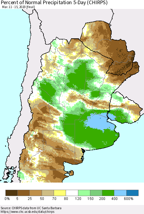 Southern South America Percent of Normal Precipitation 5-Day (CHIRPS) Thematic Map For 3/11/2020 - 3/15/2020