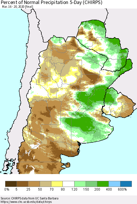 Southern South America Percent of Normal Precipitation 5-Day (CHIRPS) Thematic Map For 3/16/2020 - 3/20/2020