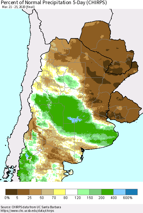 Southern South America Percent of Normal Precipitation 5-Day (CHIRPS) Thematic Map For 3/21/2020 - 3/25/2020