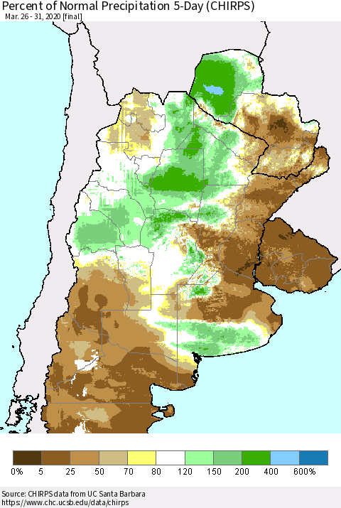 Southern South America Percent of Normal Precipitation 5-Day (CHIRPS) Thematic Map For 3/26/2020 - 3/31/2020