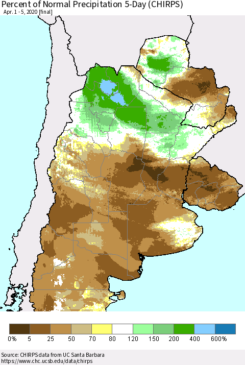 Southern South America Percent of Normal Precipitation 5-Day (CHIRPS) Thematic Map For 4/1/2020 - 4/5/2020