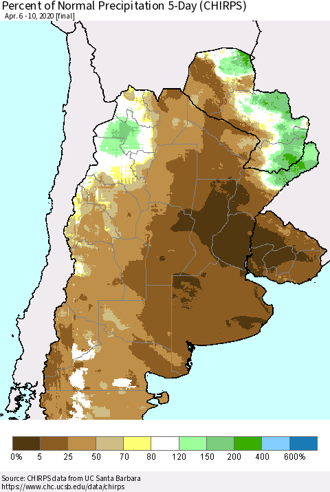 Southern South America Percent of Normal Precipitation 5-Day (CHIRPS) Thematic Map For 4/6/2020 - 4/10/2020