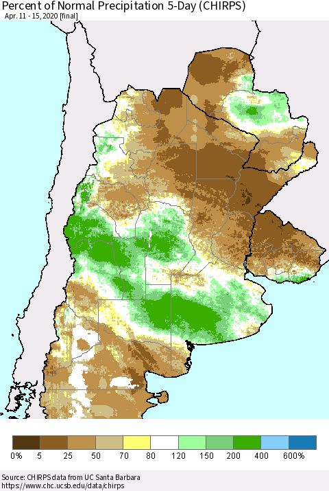 Southern South America Percent of Normal Precipitation 5-Day (CHIRPS) Thematic Map For 4/11/2020 - 4/15/2020