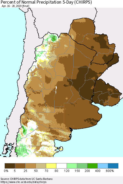 Southern South America Percent of Normal Precipitation 5-Day (CHIRPS) Thematic Map For 4/16/2020 - 4/20/2020