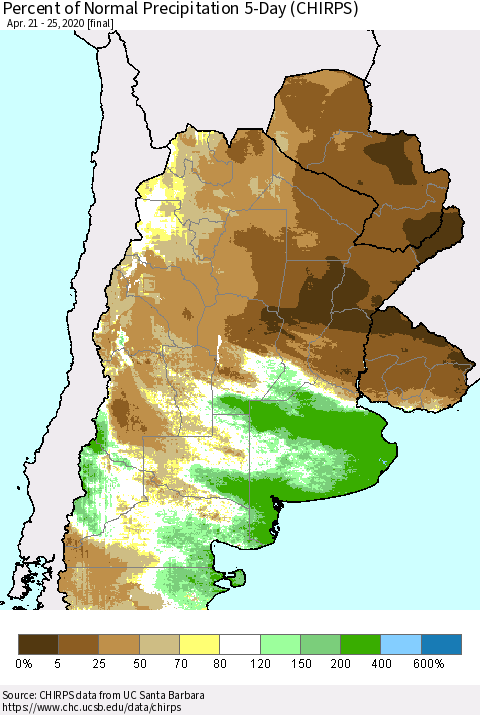 Southern South America Percent of Normal Precipitation 5-Day (CHIRPS) Thematic Map For 4/21/2020 - 4/25/2020
