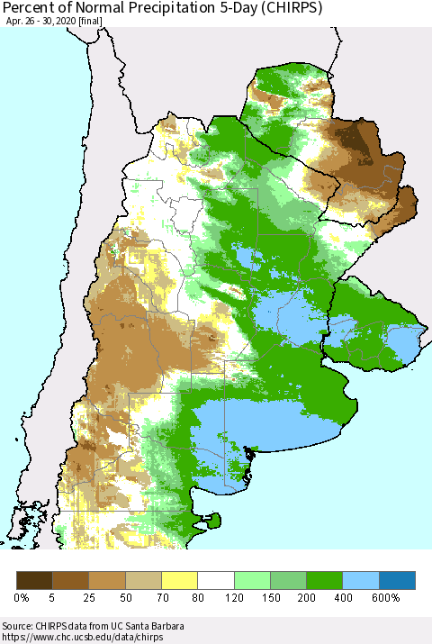 Southern South America Percent of Normal Precipitation 5-Day (CHIRPS) Thematic Map For 4/26/2020 - 4/30/2020