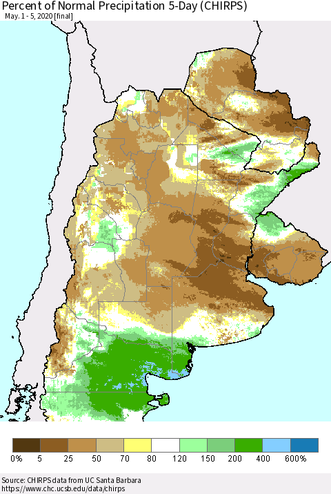 Southern South America Percent of Normal Precipitation 5-Day (CHIRPS) Thematic Map For 5/1/2020 - 5/5/2020